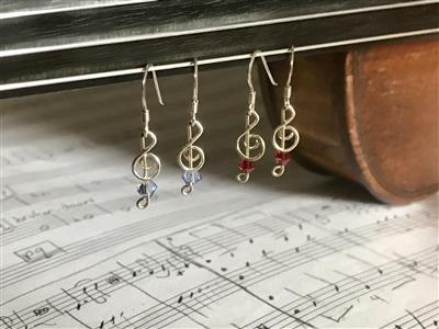 Dainty Treble Clef Earrings, hand bent with Sterling Silver wire, with a pop colour with Swarovski Crystals. Customize with your choice of Crystal colour (see chart in this photo album).