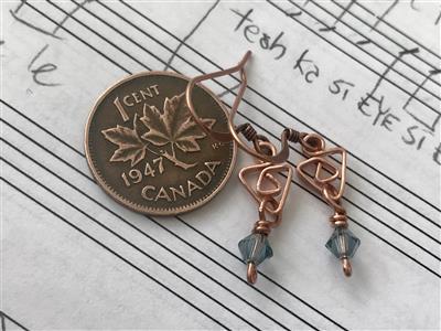 Copper Triangle Dangles with 'Indian Sapphire' Swarovski Crystals. Hammered and hand bent copper wire, with option to customize Swarovski Crystal colour (see choices in this photo album).