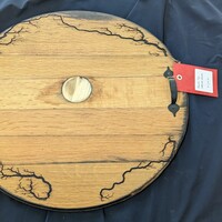 oak wine barrel lid charcuterie board, rustic handles handles