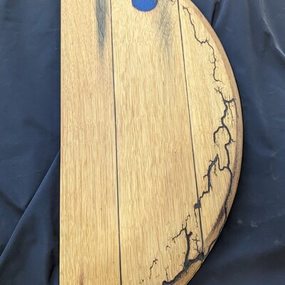 Oak half wine barrel lid charcuterie board with fractal image and blue resin.