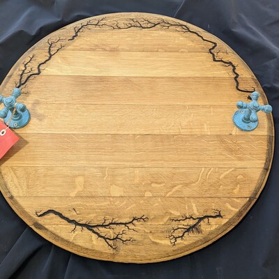  oak wine barrel lid charcuterie board, unique handles handles