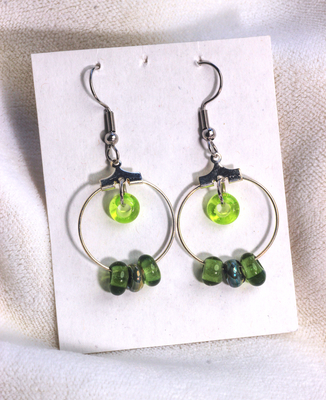 multi bead green glass hoop earrings