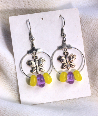 metal butterfly/yellow and lilac glass bead earrings