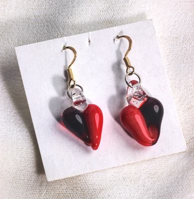 Two tone red glass heart earrings