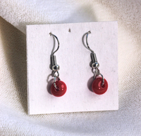Opaque red glass single bead earrings